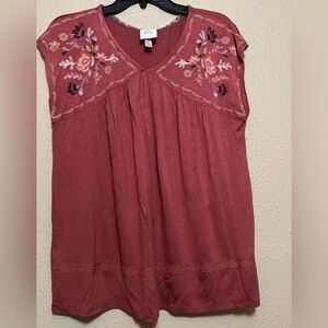 Knox Rose Women's Blouse in Deep Rose with Floral Embroidery